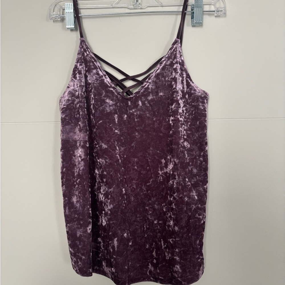 American Eagle Outfitters Purple Velvet Camisole with Criss-Cross Detail - Y2K